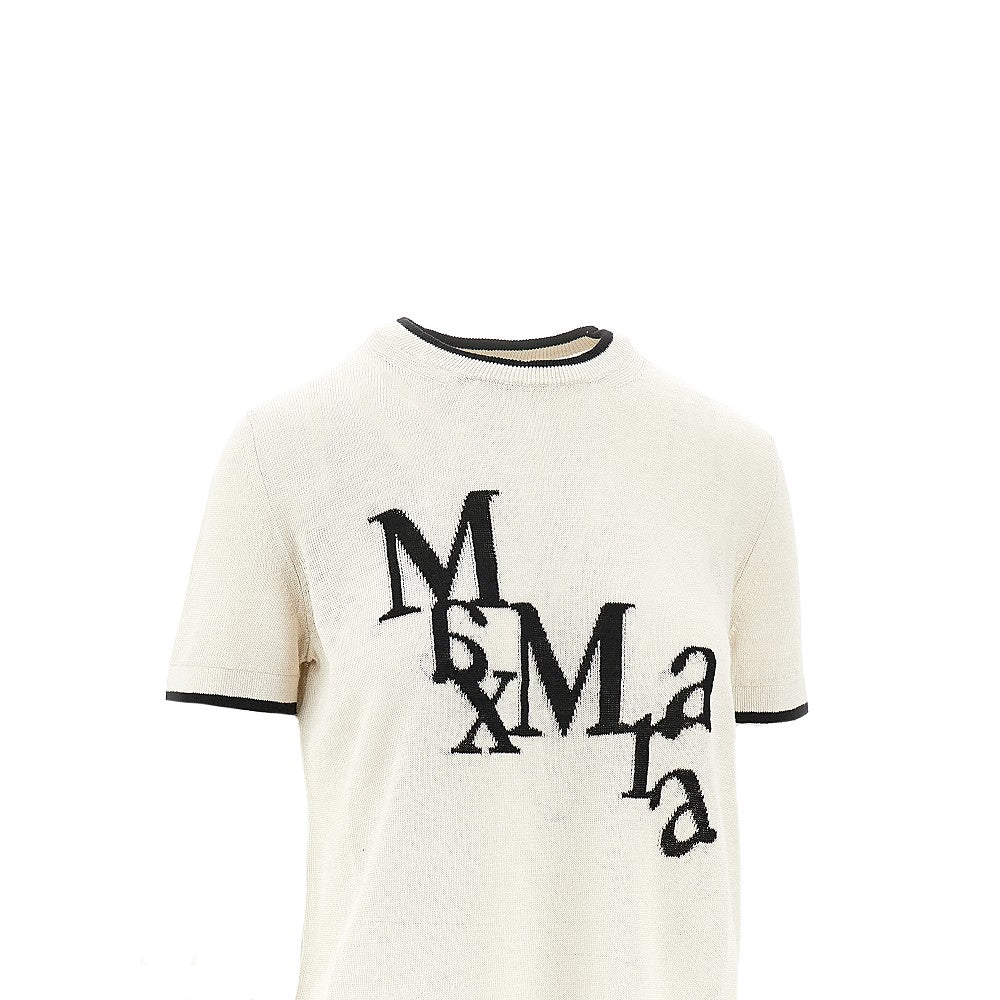Linen knit T-shirt with logo intarsia