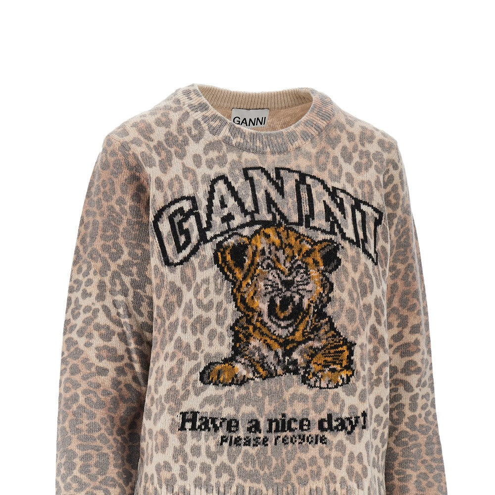 Wool-blend sweater with leopard motif