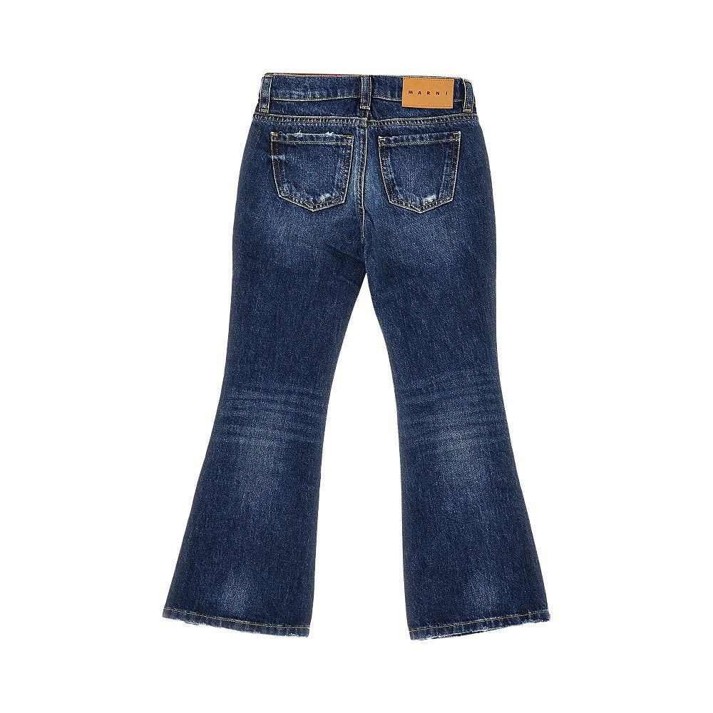 Distressed denim flared pants