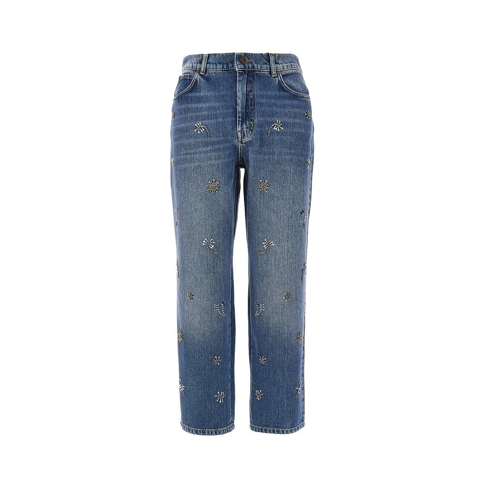 Jeans cropped con ricami in perline