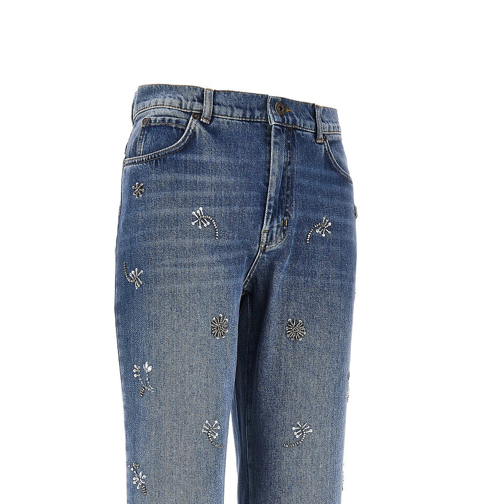 Jeans cropped con ricami in perline