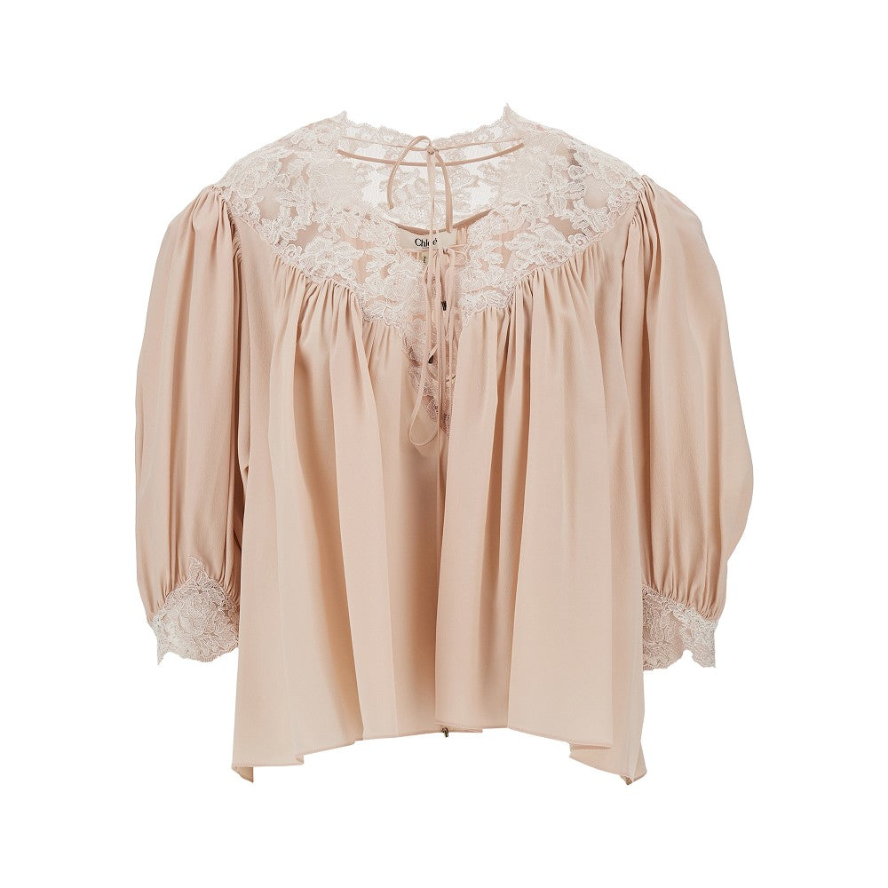 Blusa in crêpe de chine e pizzo