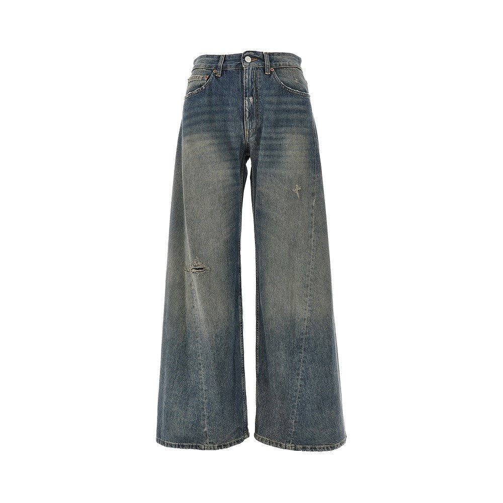 Distressed denim wide leg jeans