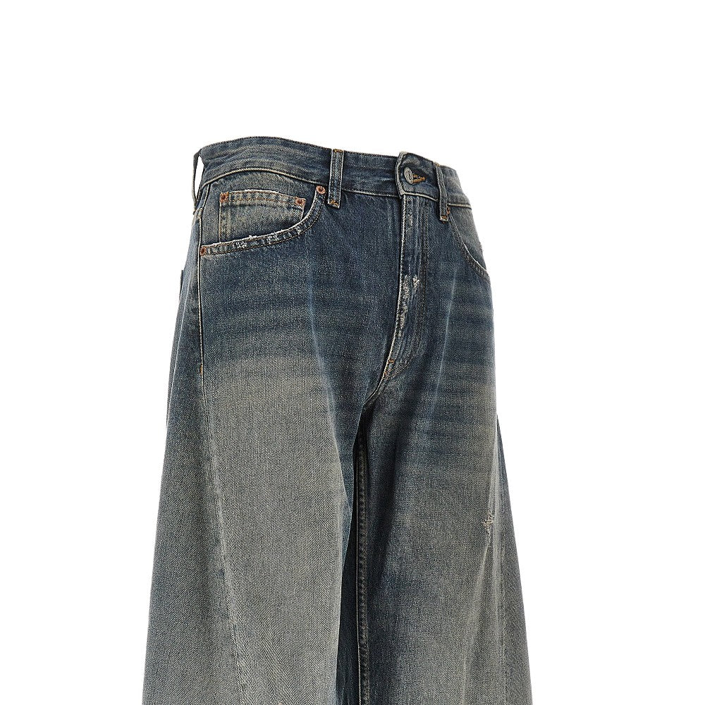 Distressed denim wide leg jeans