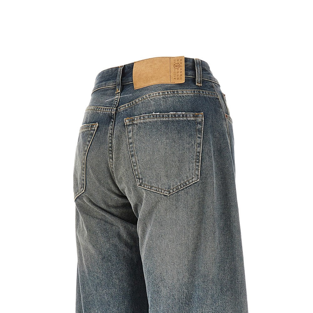 Distressed denim wide leg jeans