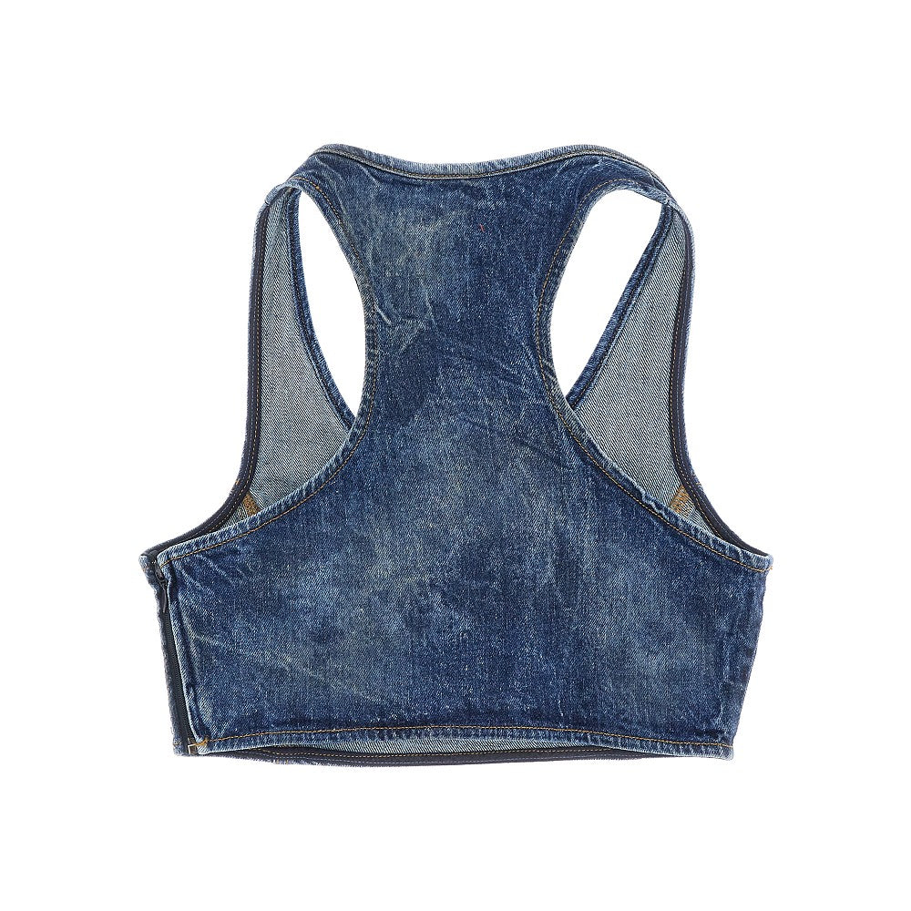 Top cropped in denim con logo Oval D