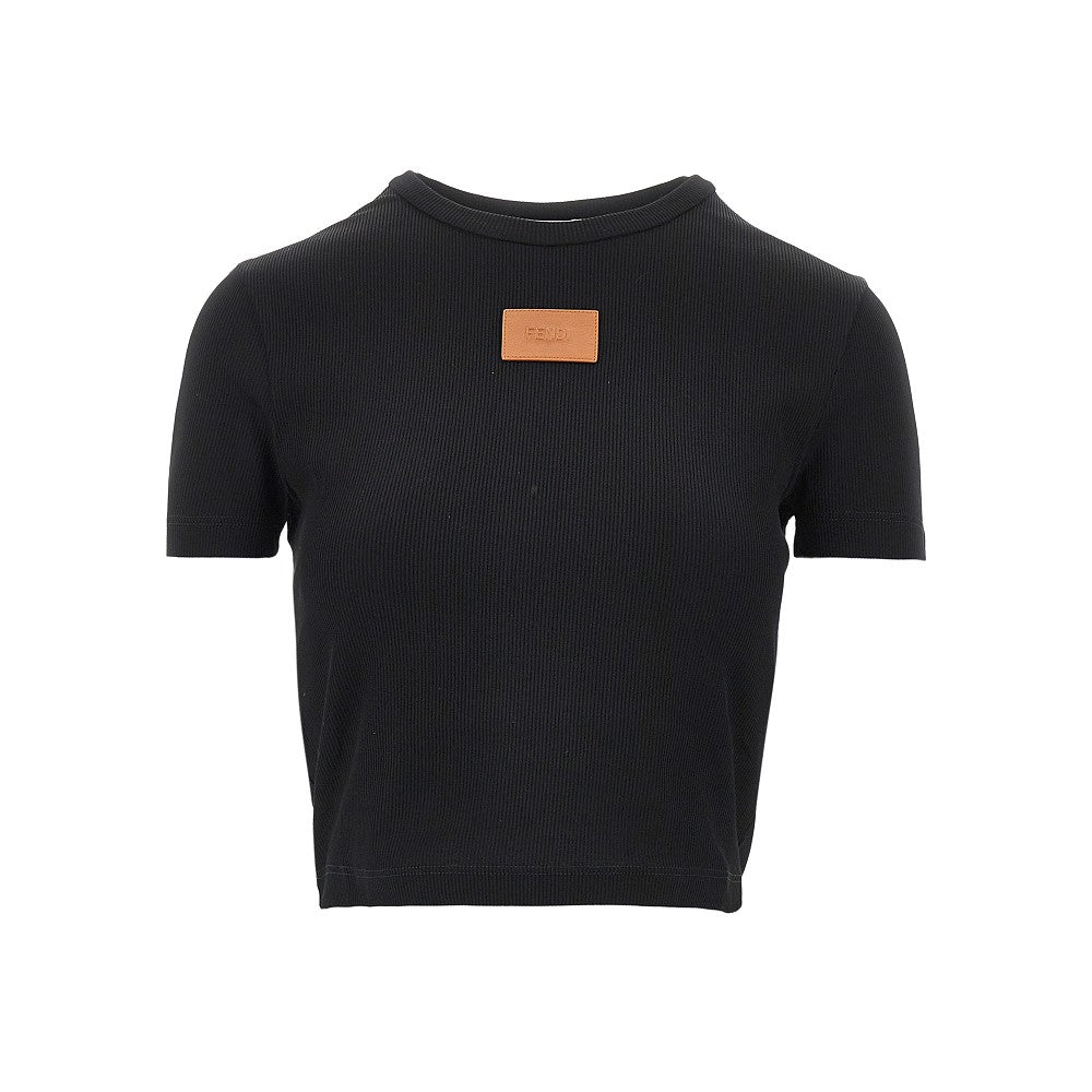 T-shirt cropped con patch in pelle