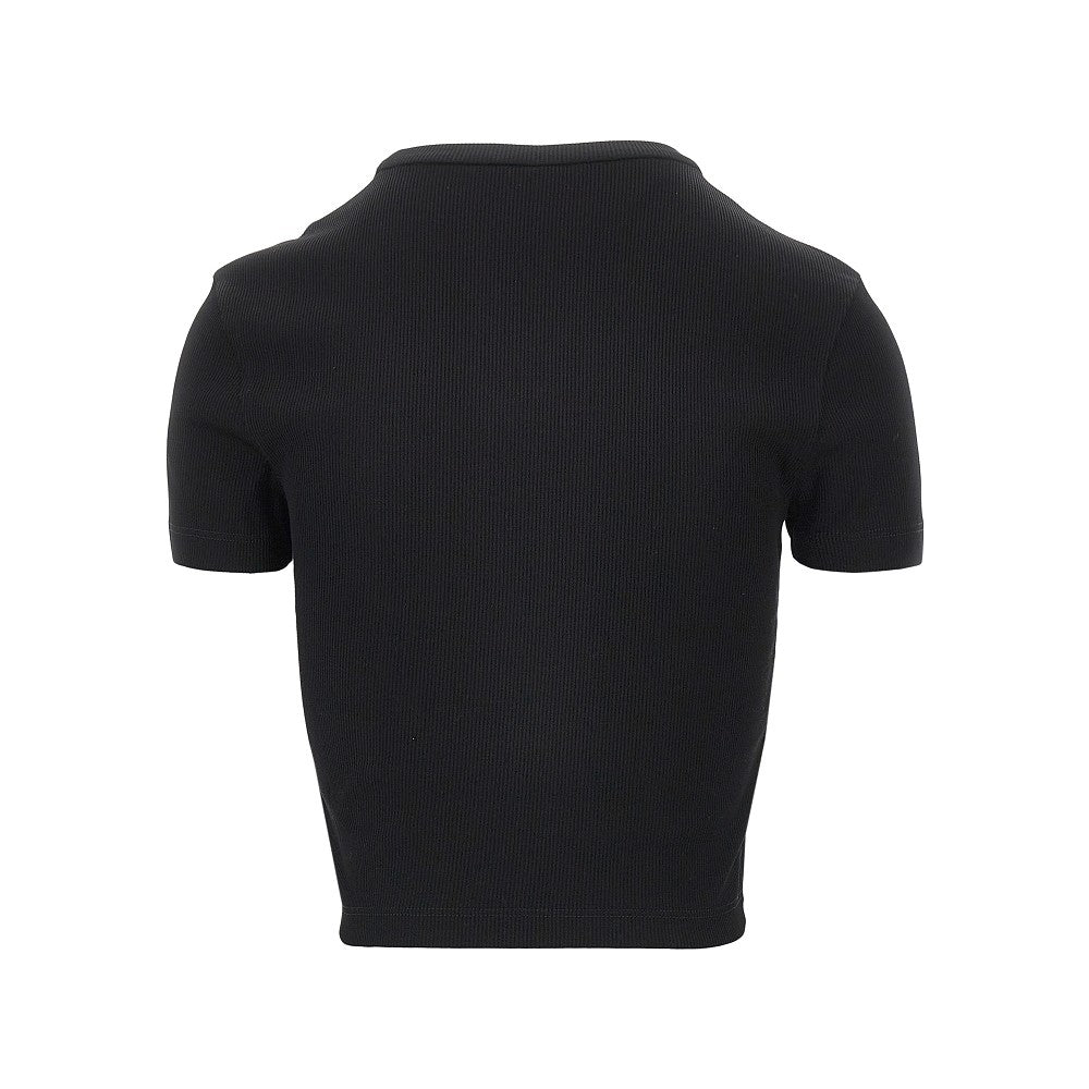 T-shirt cropped con patch in pelle