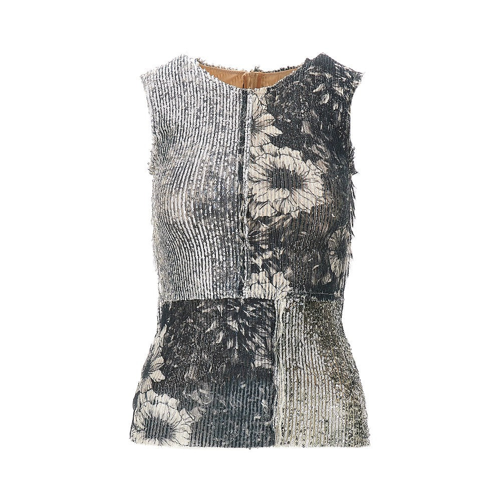 Top patchwork floreale con paillettes