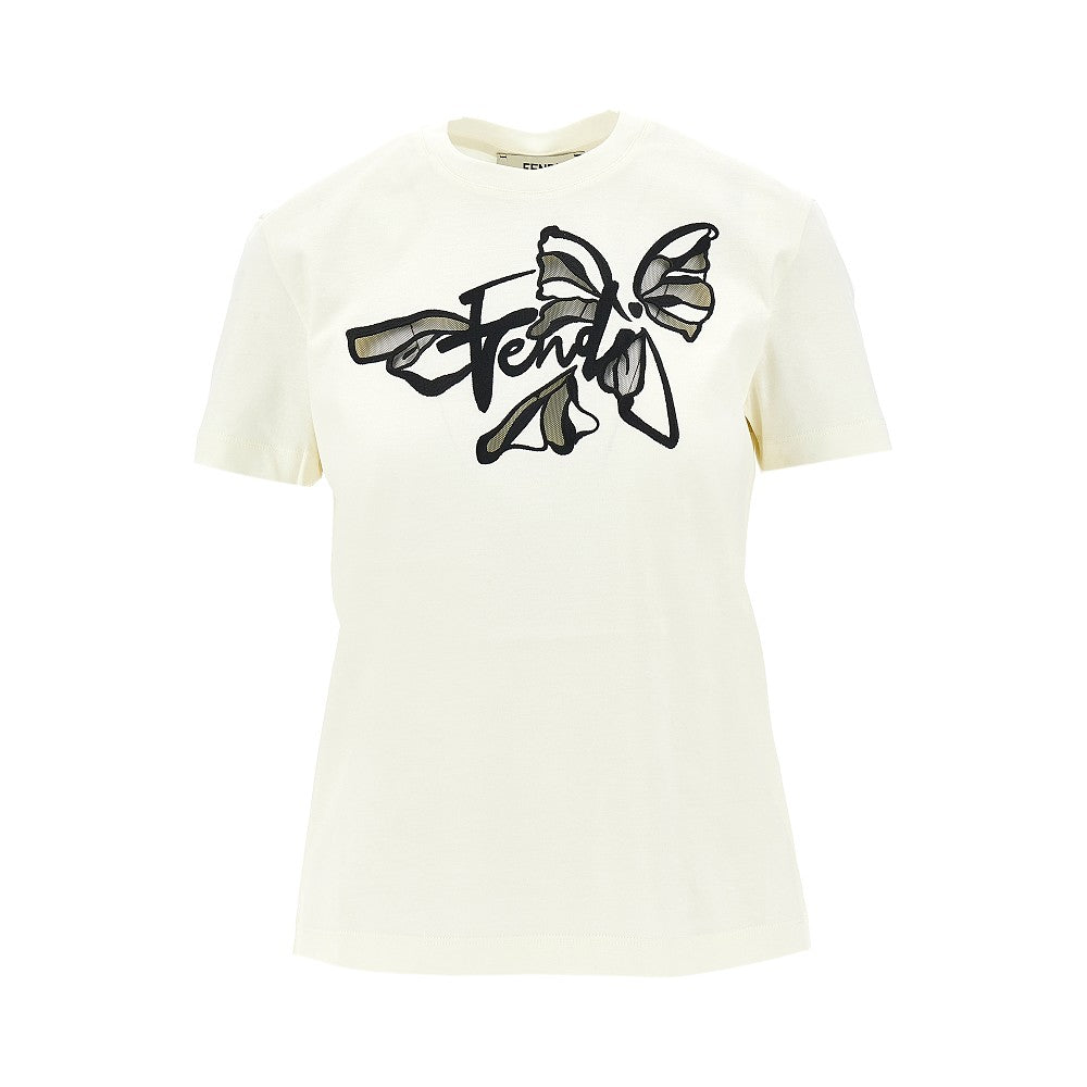 Logo embroidery T-shirt with tulle inserts
