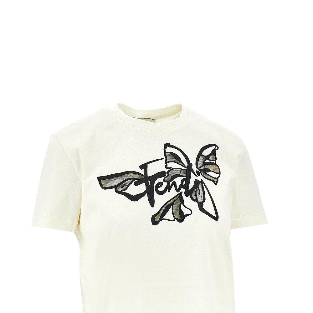 Logo embroidery T-shirt with tulle inserts