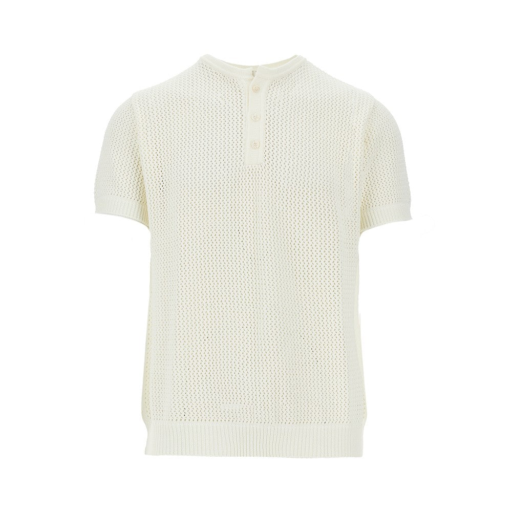 T-shirt in maglia traforata con collo Henley