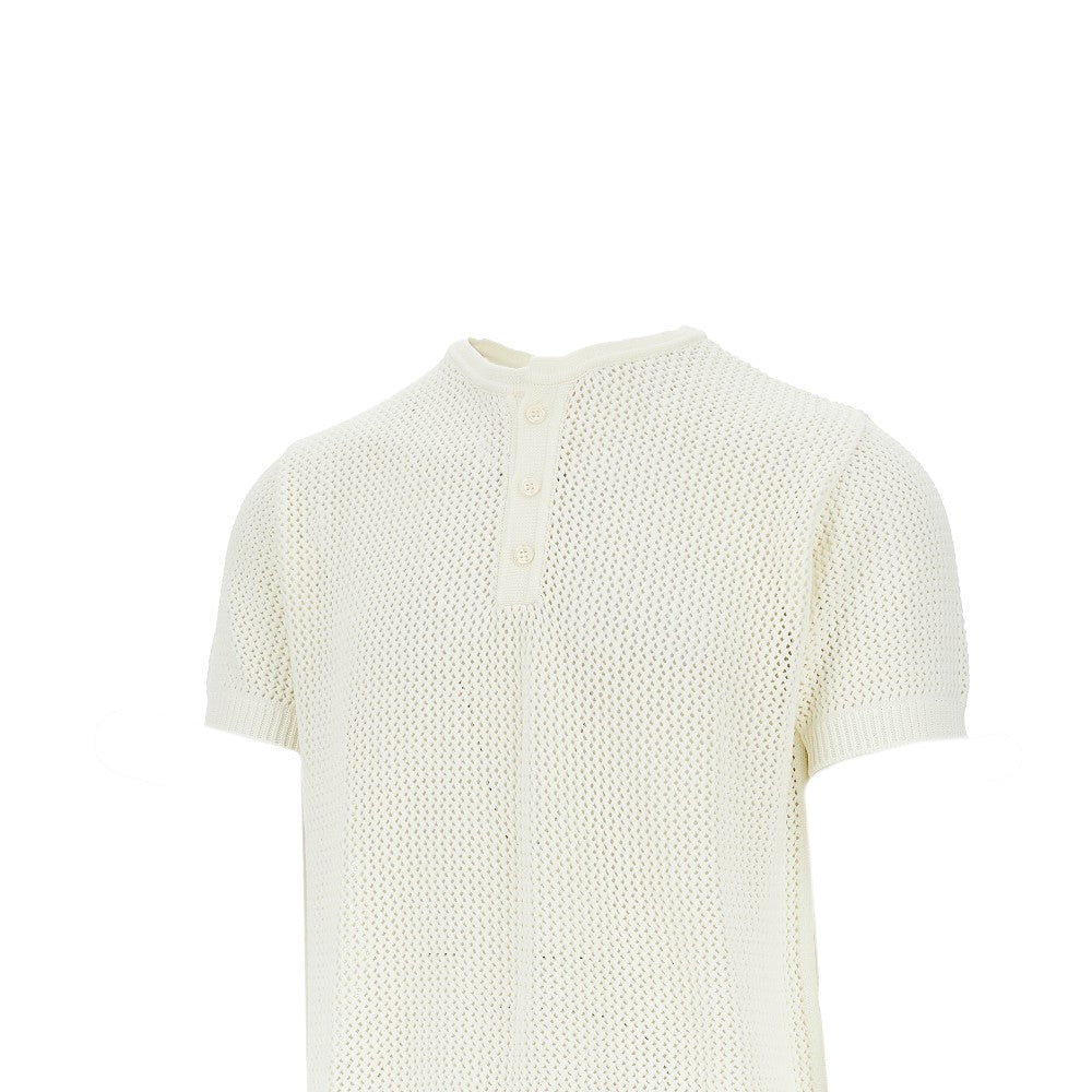 Openworked knit T-shirt with Henley collar