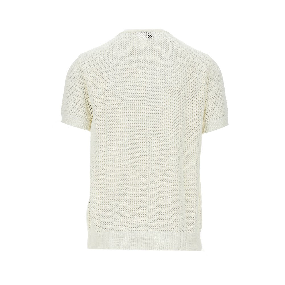 Openworked knit T-shirt with Henley collar