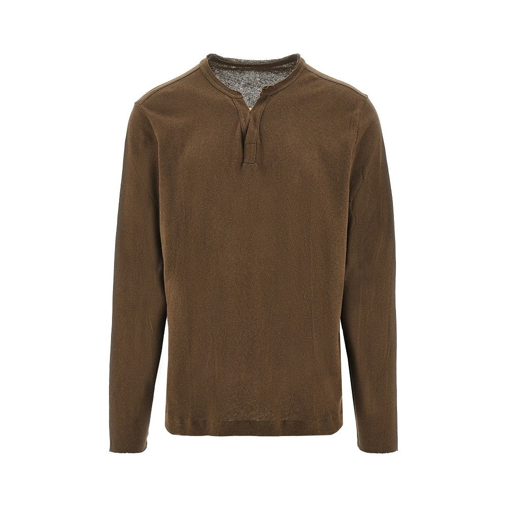 T-shirt in misto lino con collo alla tunisina