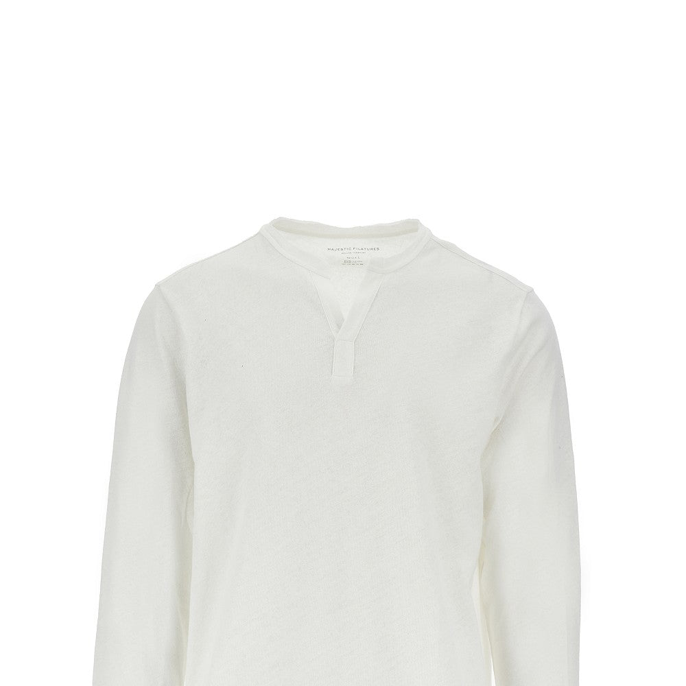 T-shirt in misto lino con collo alla tunisina