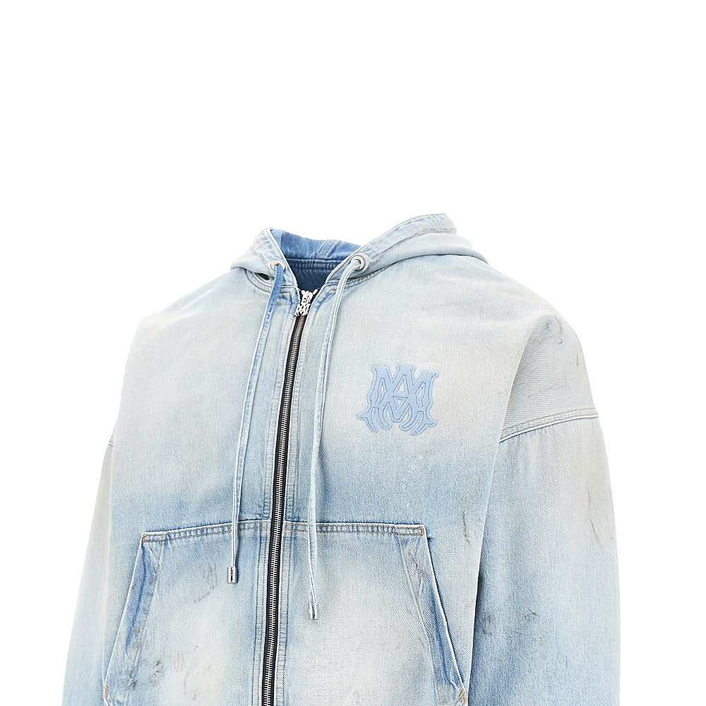 Felpa full-zip in denim con ricamo logo