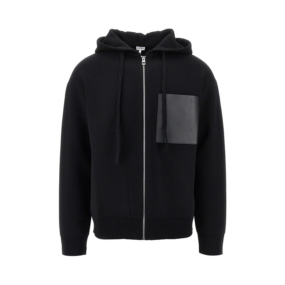 Felpa full-zip in maglia con tasca in pelle