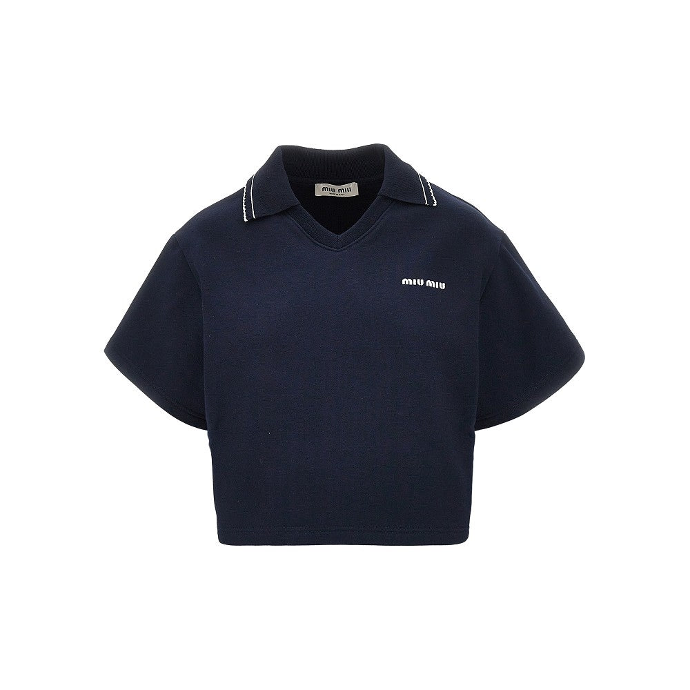 Short-sleeved cropped sweatshirt with collar
