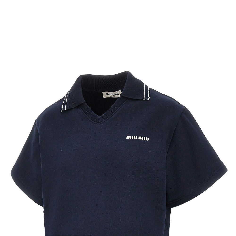 Short-sleeved cropped sweatshirt with collar