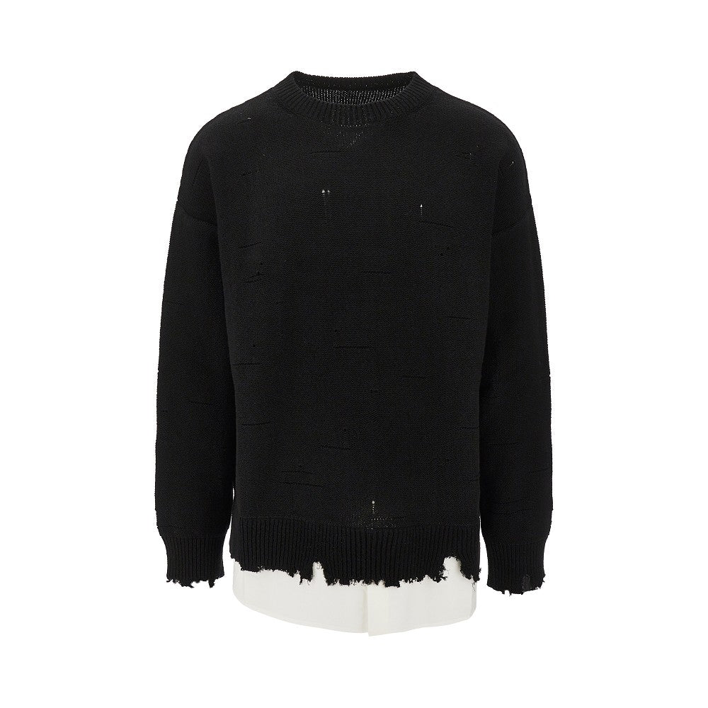 Pullover distressed con inserto in popeline