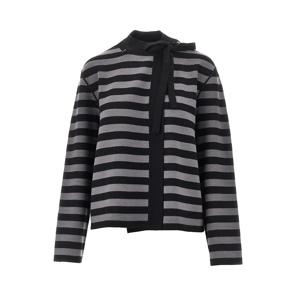 Self-tie closure striped wool cardigan