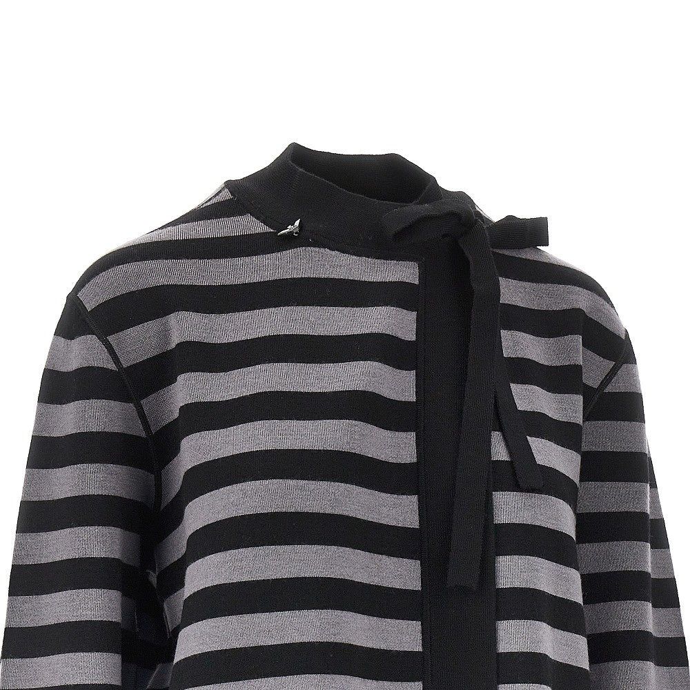 Self-tie closure striped wool cardigan