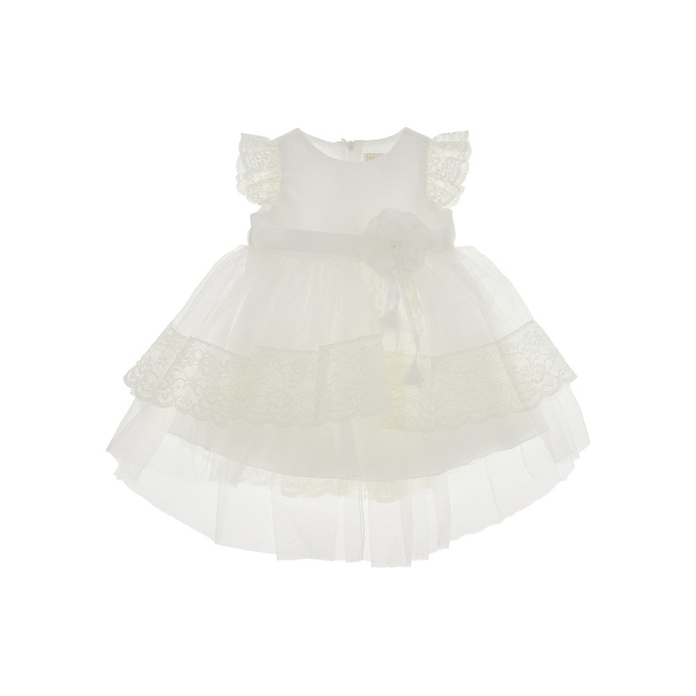 Tulle baby dress with lace and flower brooch