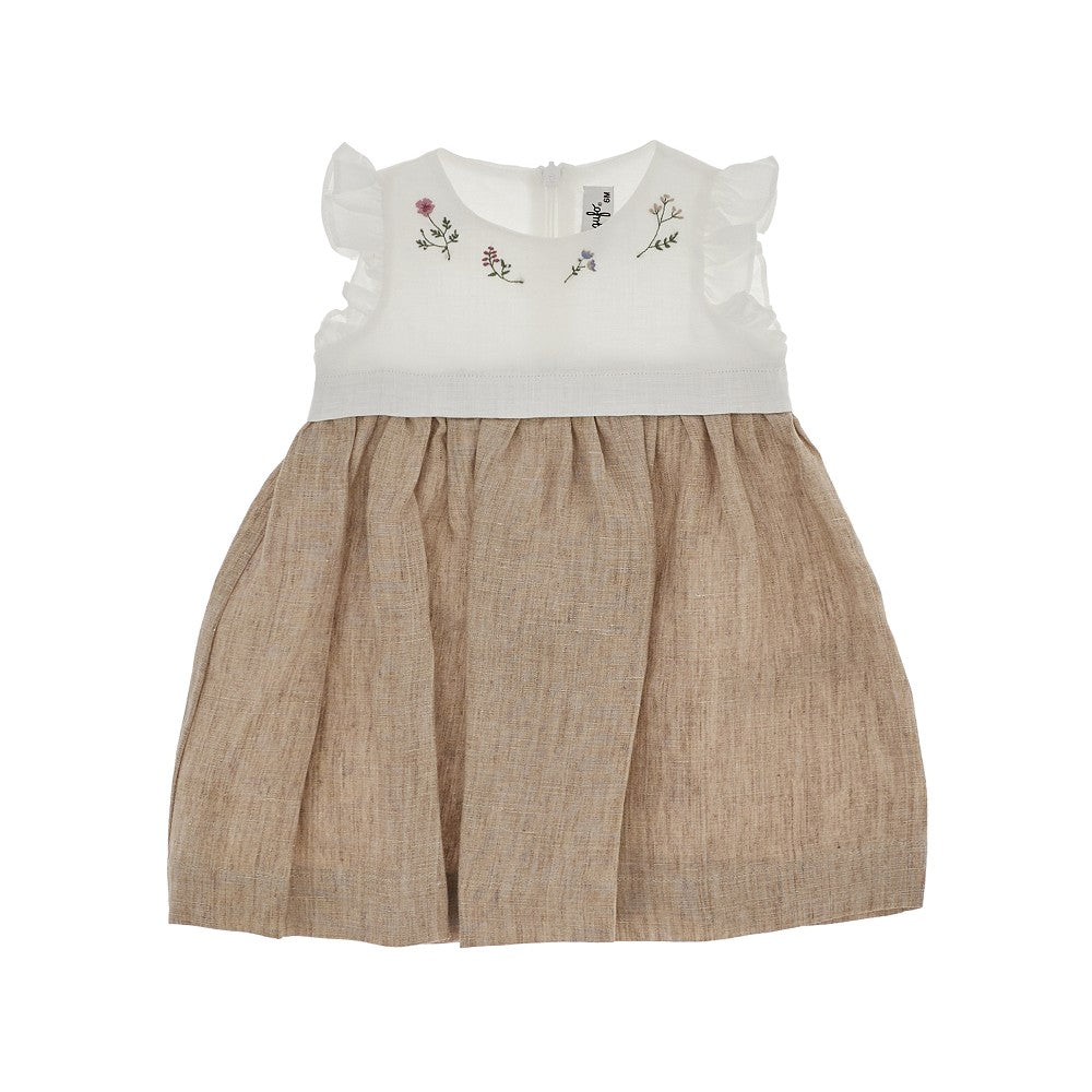 Linen baby dress with flowers embroidery