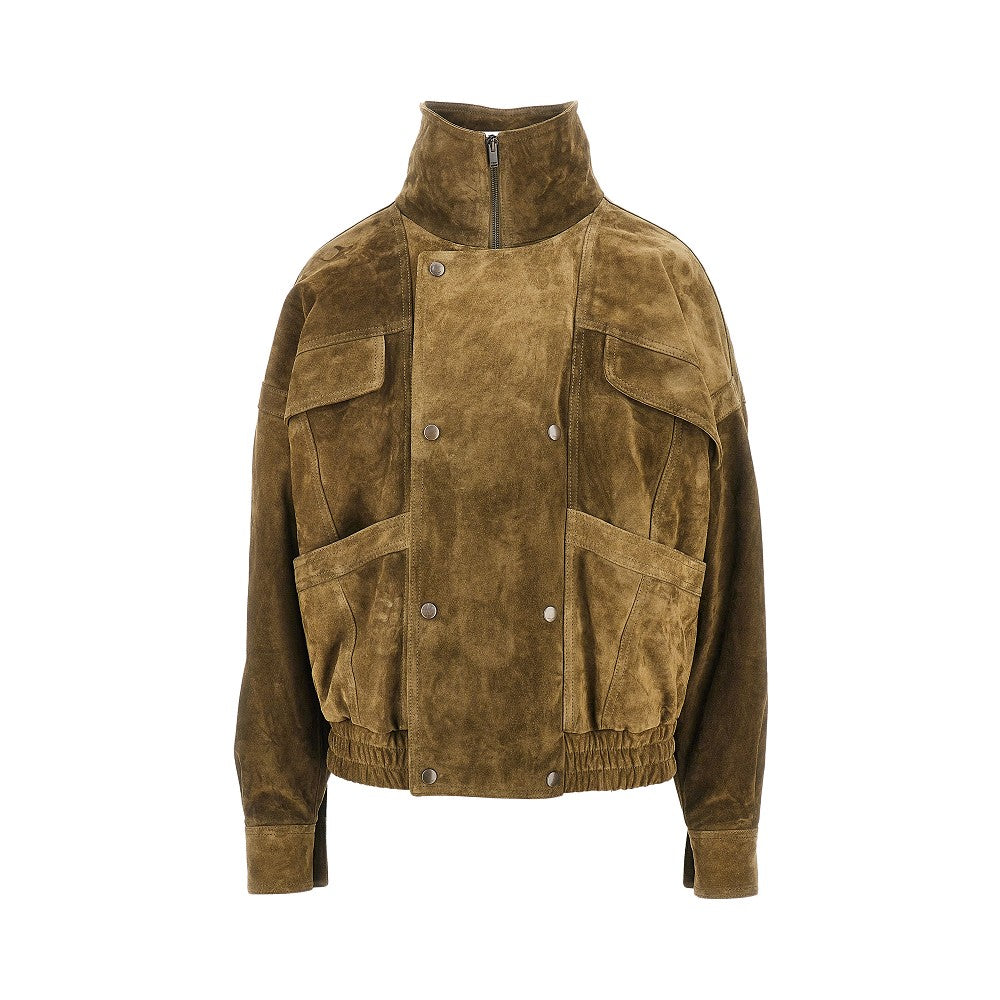 Oversized suede leather bomber jacket