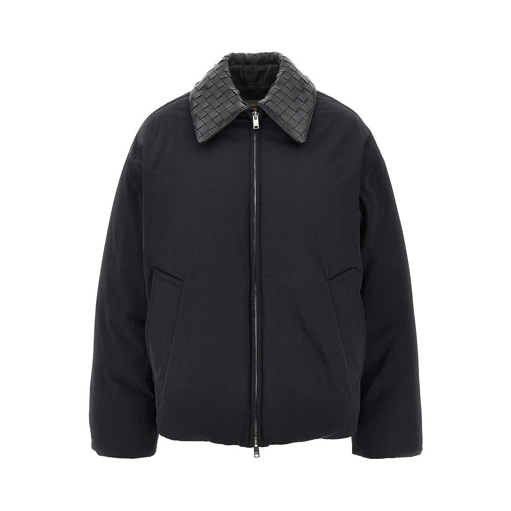 Down jacket with Intrecciato leather collar