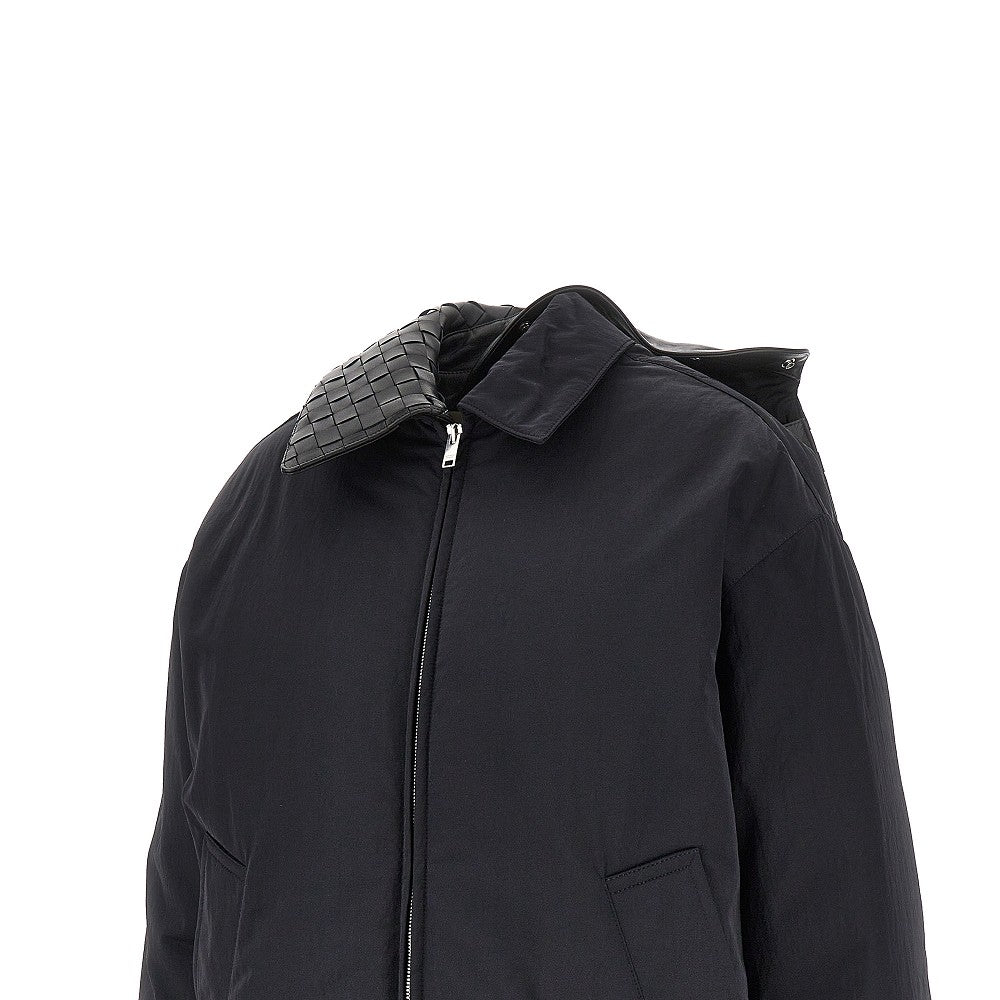 Down jacket with Intrecciato leather collar