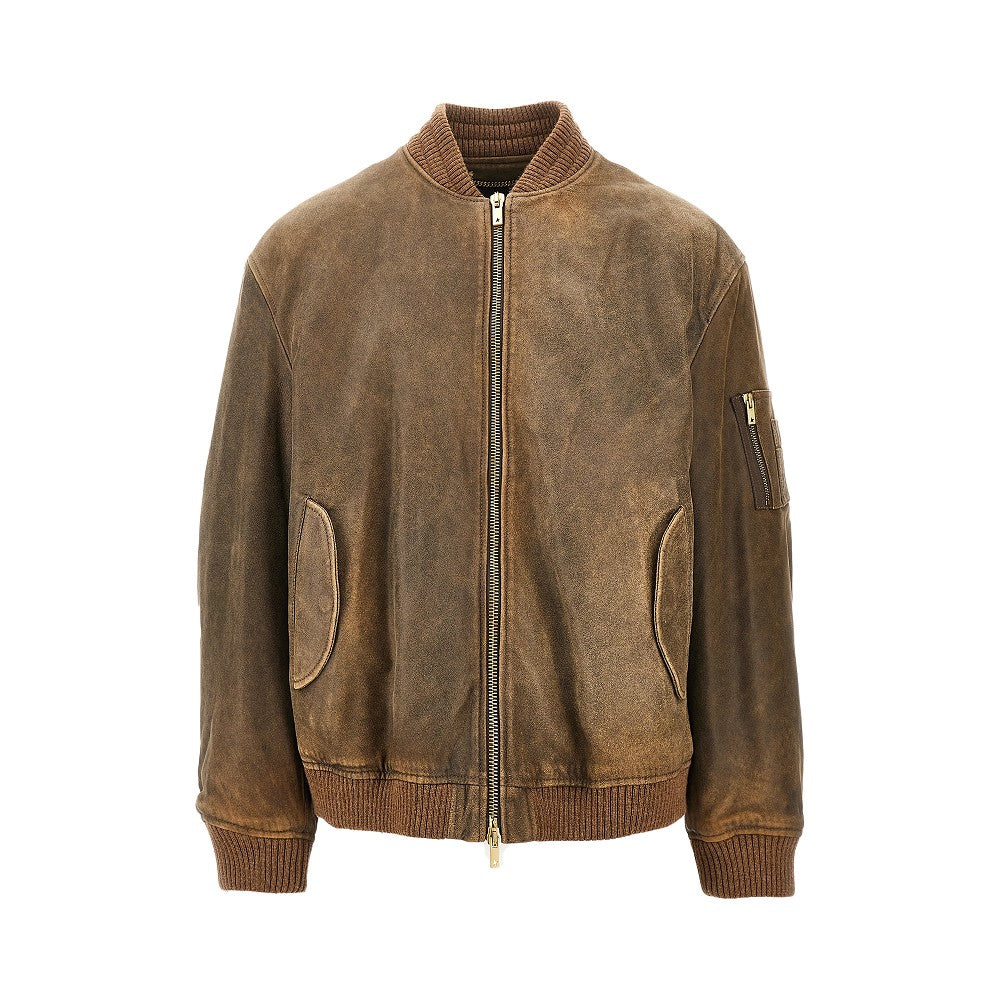 Vintage-effect leather bomber jacket