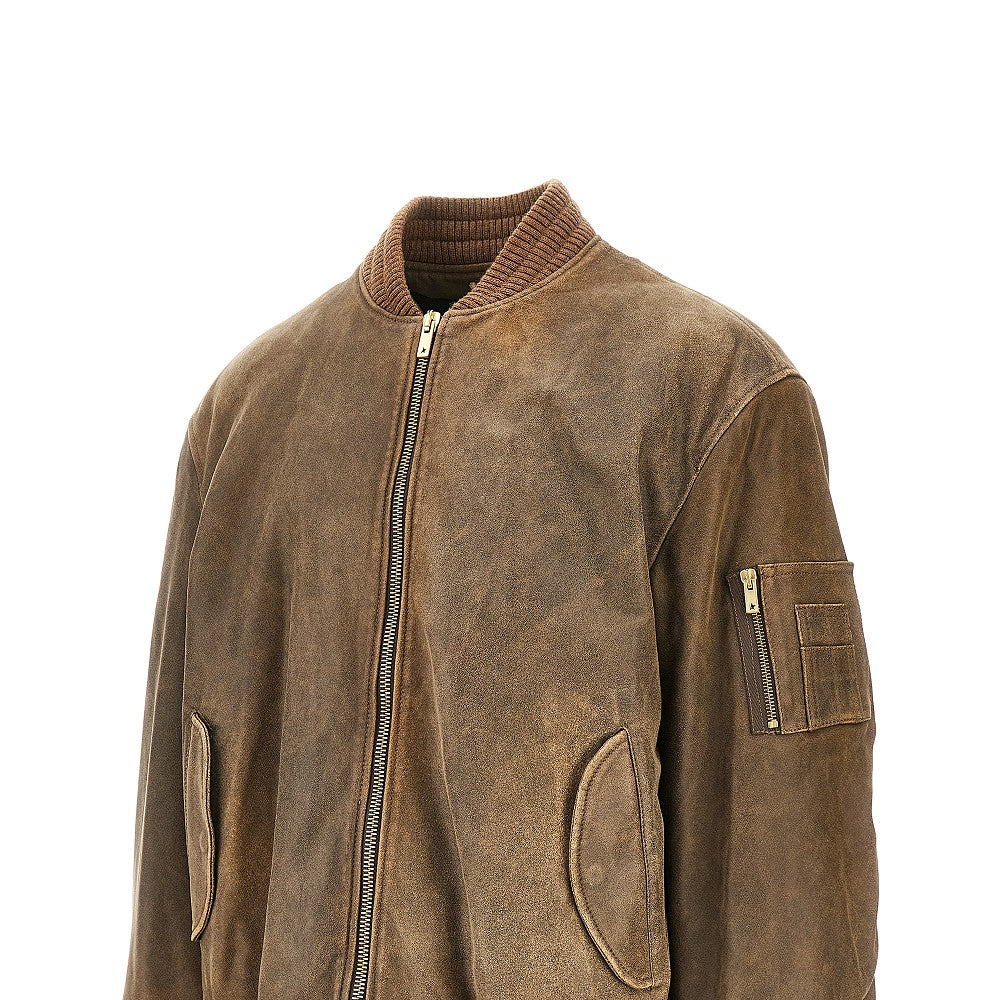 Vintage-effect leather bomber jacket