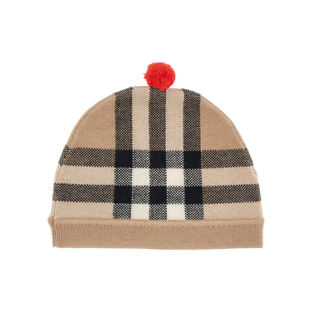 Check wool beanie hat with pompom