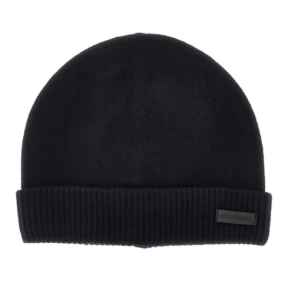 Beanie in cachemire con patch logo in pelle