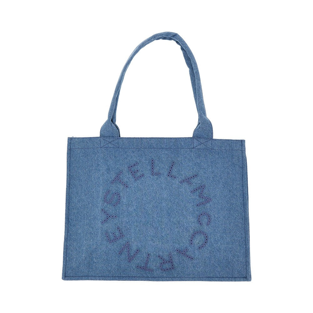 Tote bag in denim con logo traforato