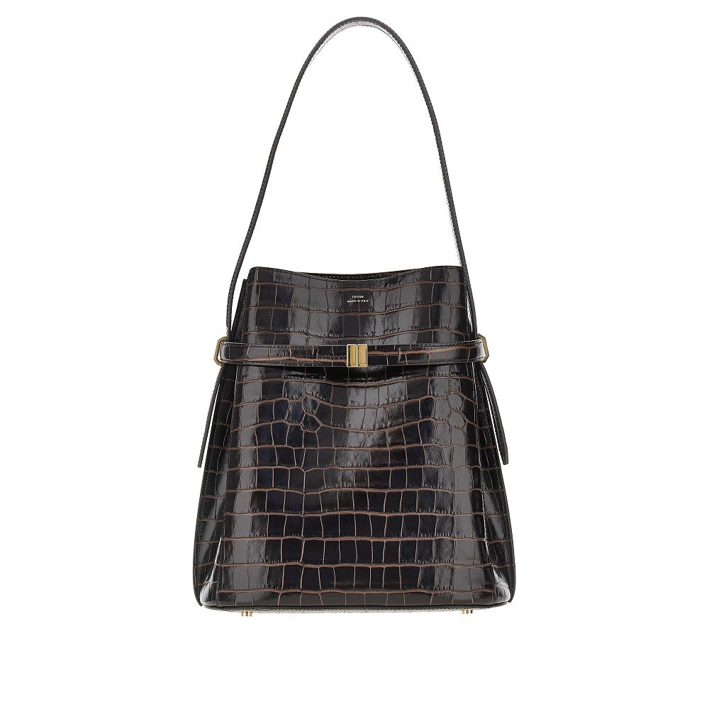 Croco-embossed leather Belted bucket bag