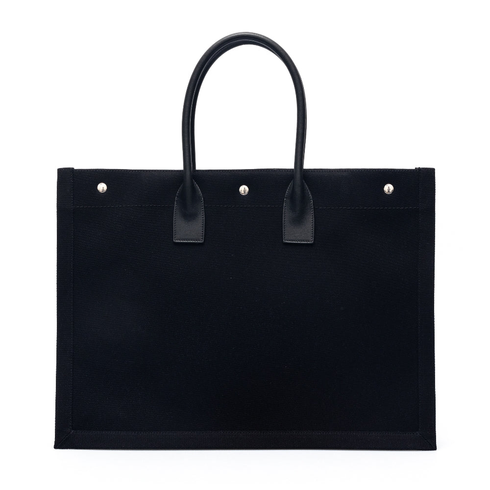 Black tote bag with brand print
