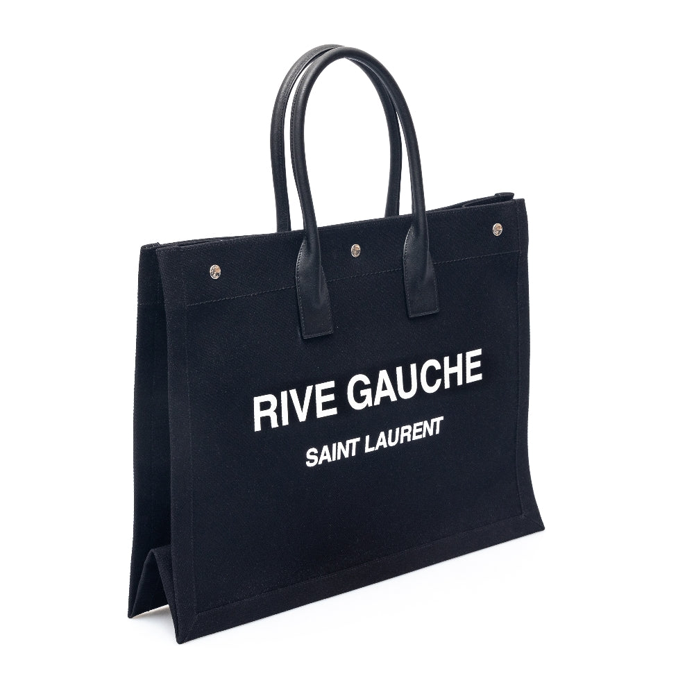 Black tote bag with brand print