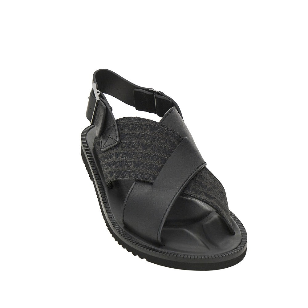 Leather and jacquard fabric sandals