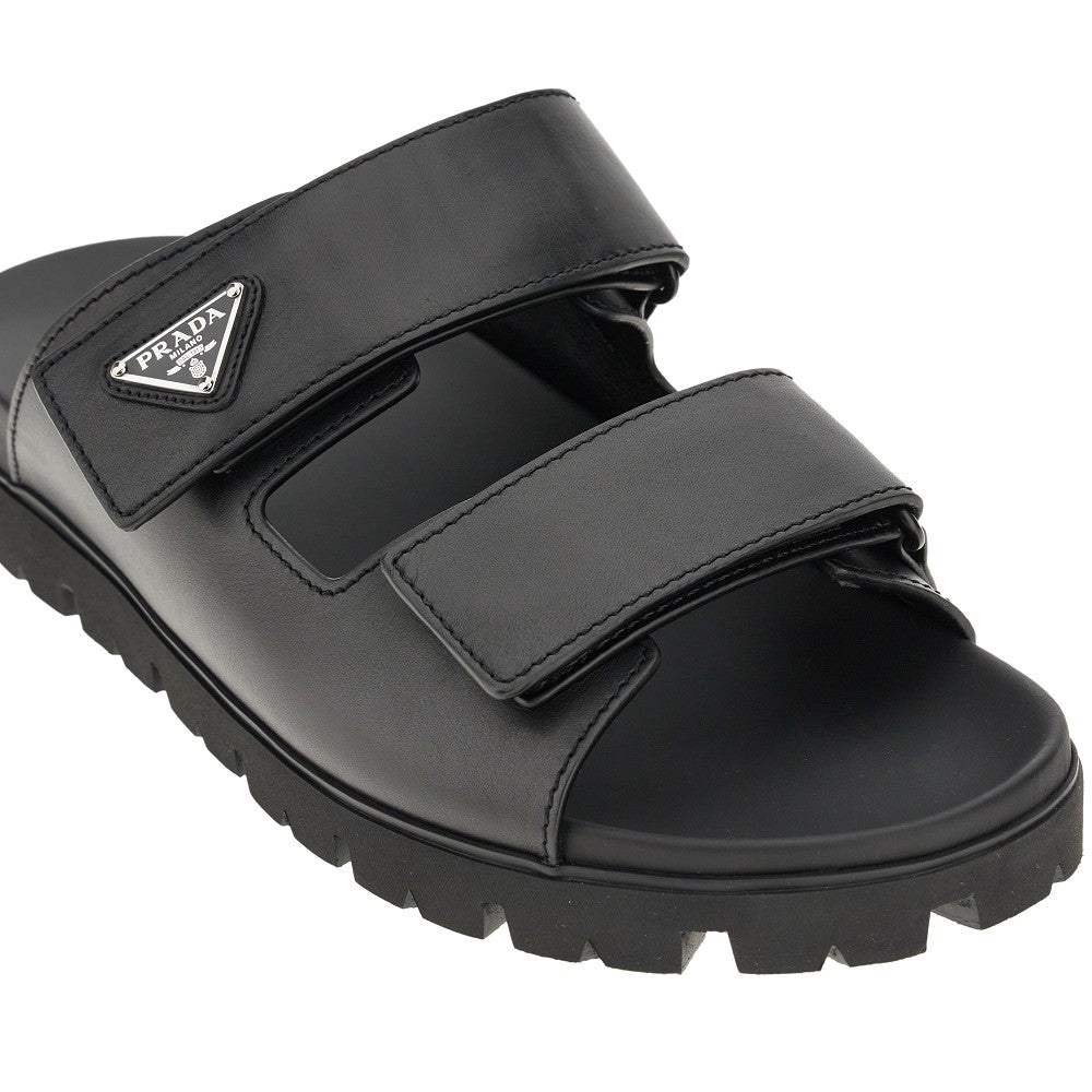 Leather double strap slides with logo