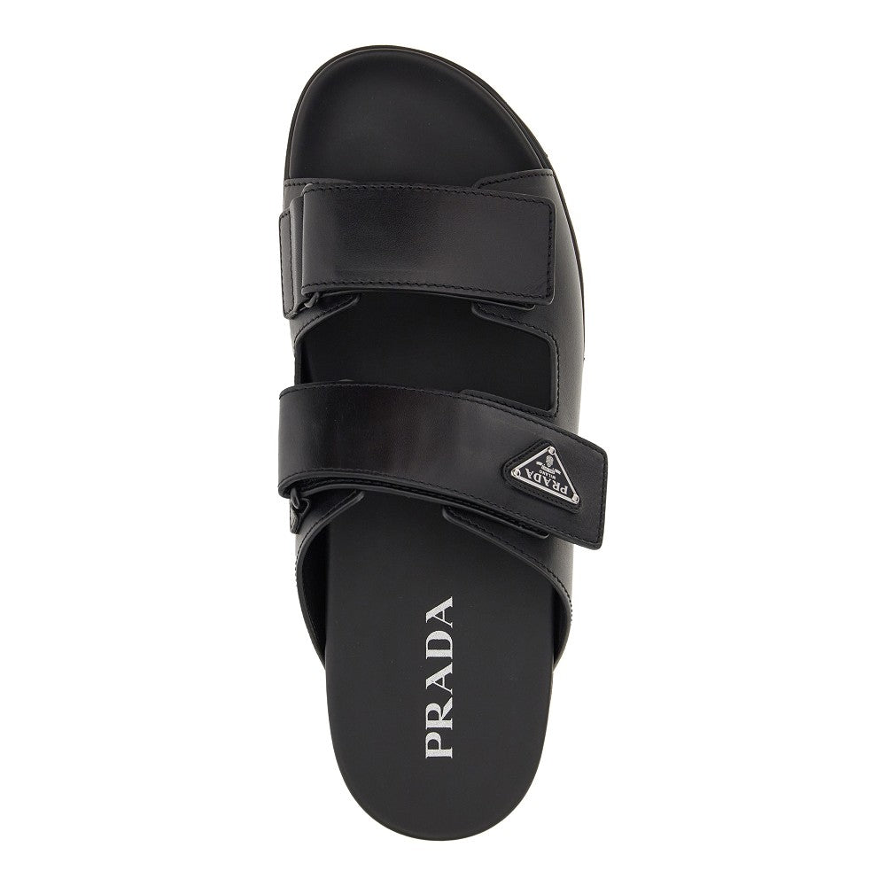 Leather double strap slides with logo