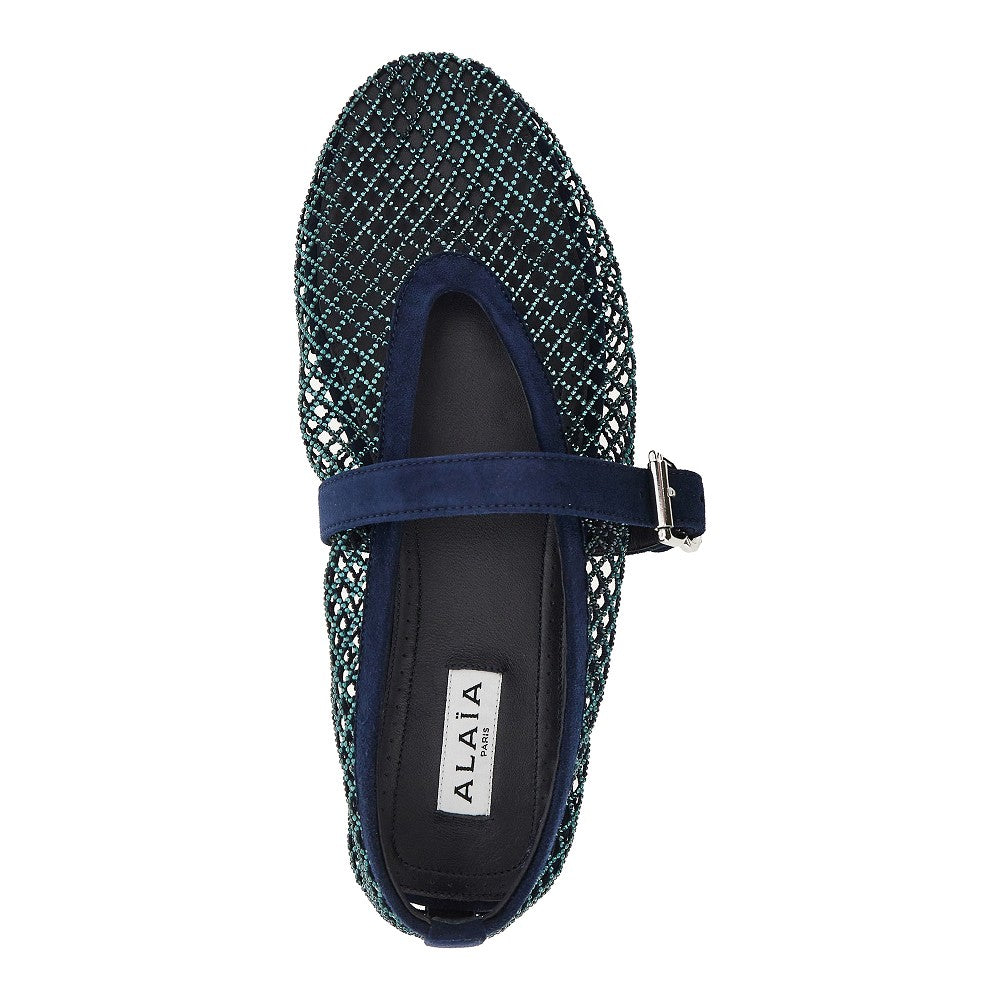 Strass-embellished fishnet ballerina flats