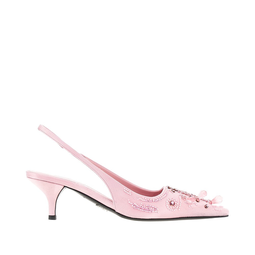 Embroidered satin slingback pumps