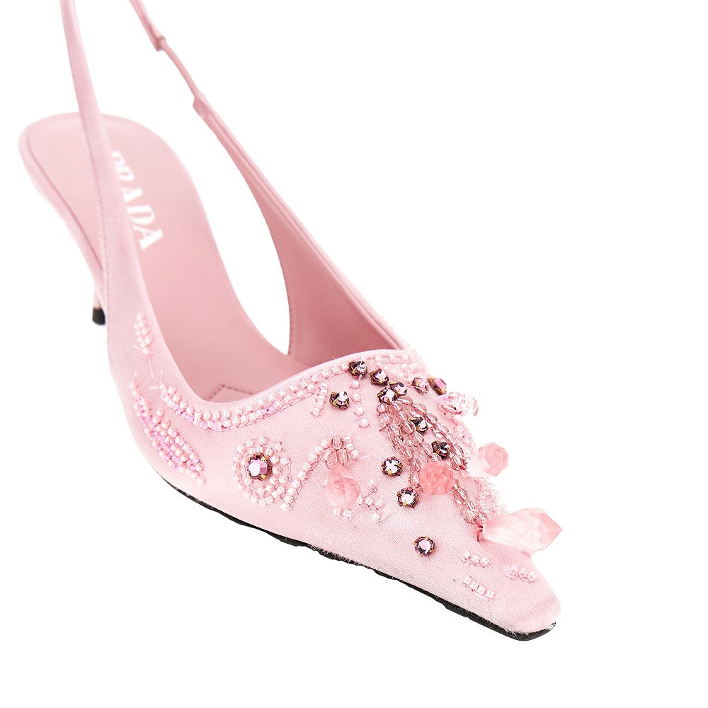Embroidered satin slingback pumps