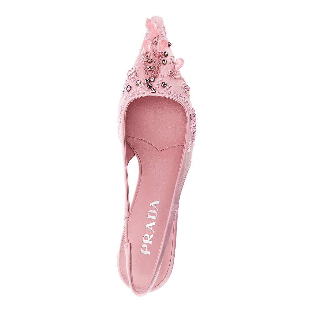 Embroidered satin slingback pumps