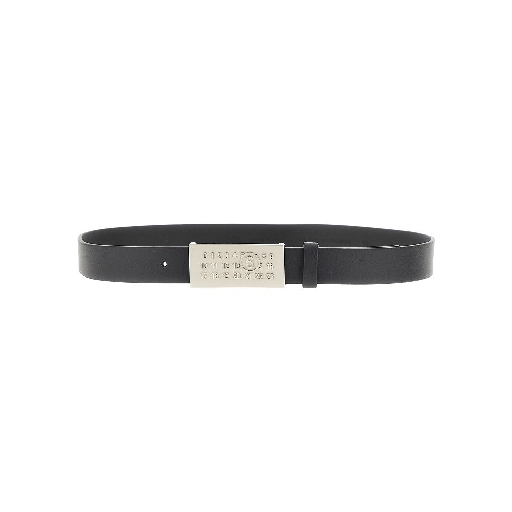 Leather belt with branded buckle