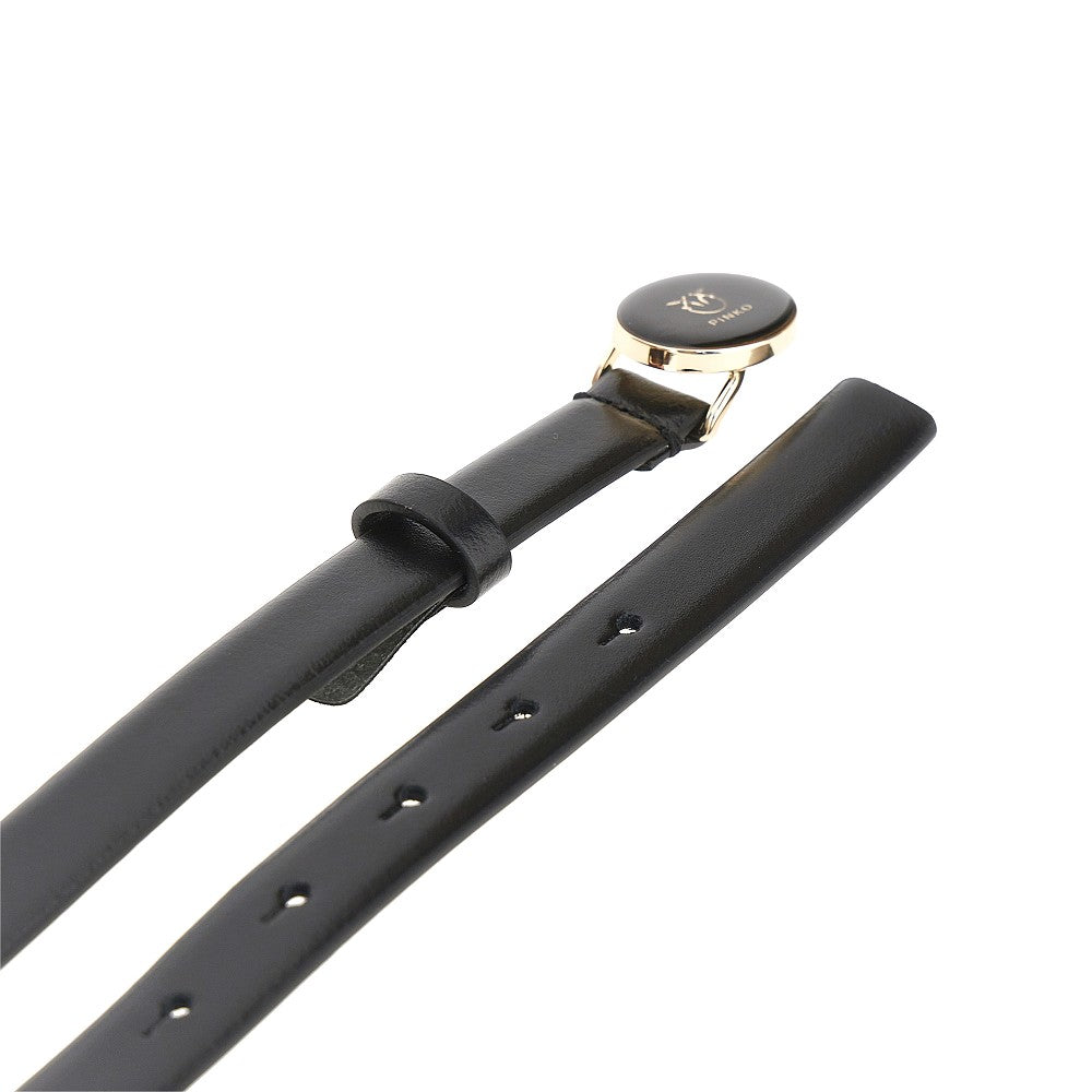 Leather belt with enameled buckle