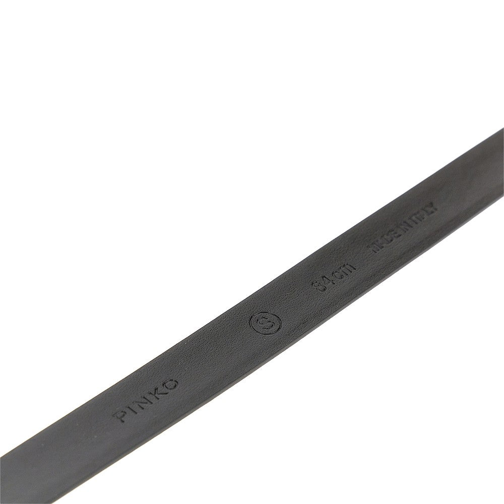 Leather belt with enameled buckle
